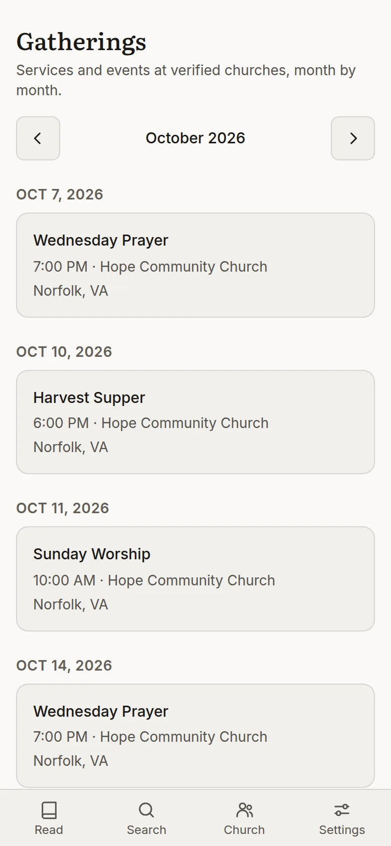 The gatherings list for October 2026 with prayer meetings, a harvest supper and Sunday worship