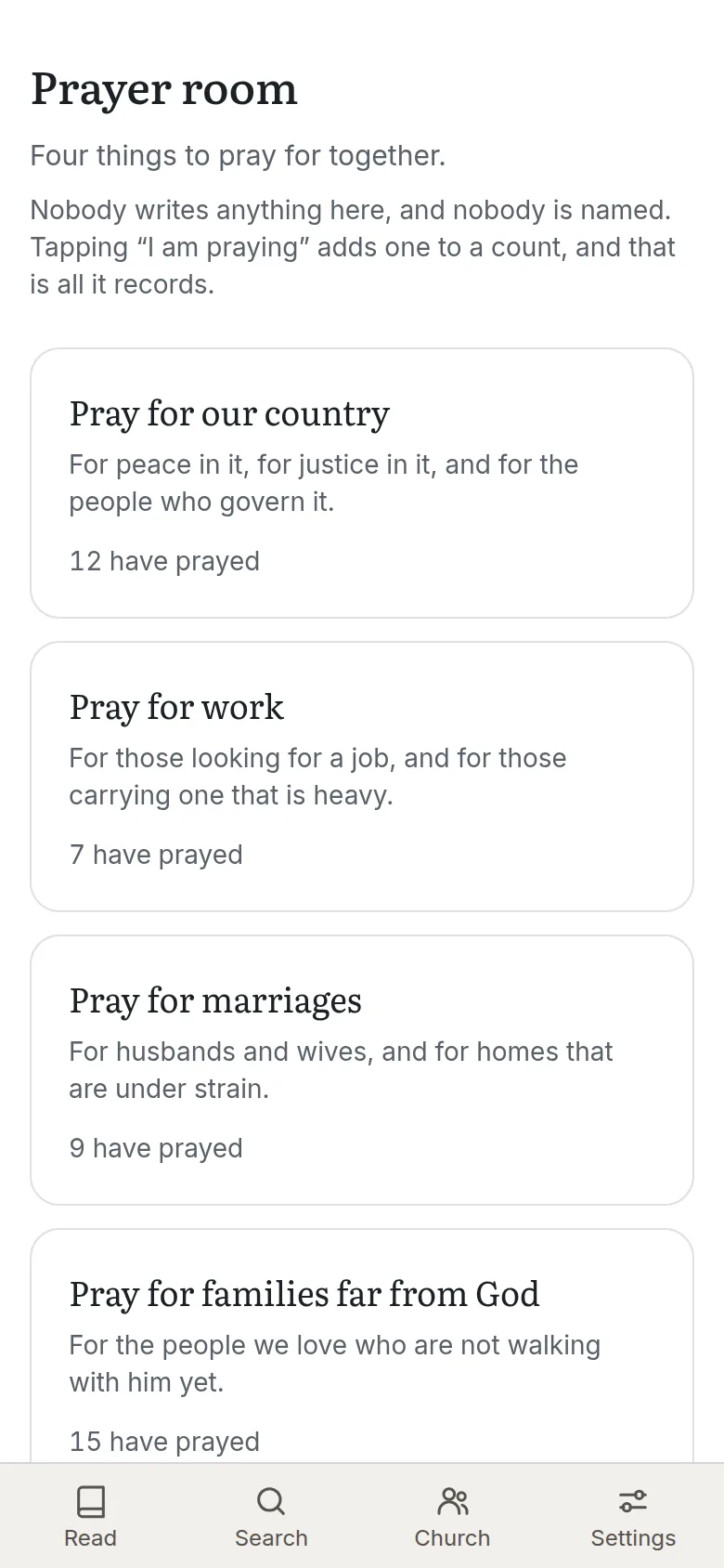 The prayer room with four topics and how many have prayed for each