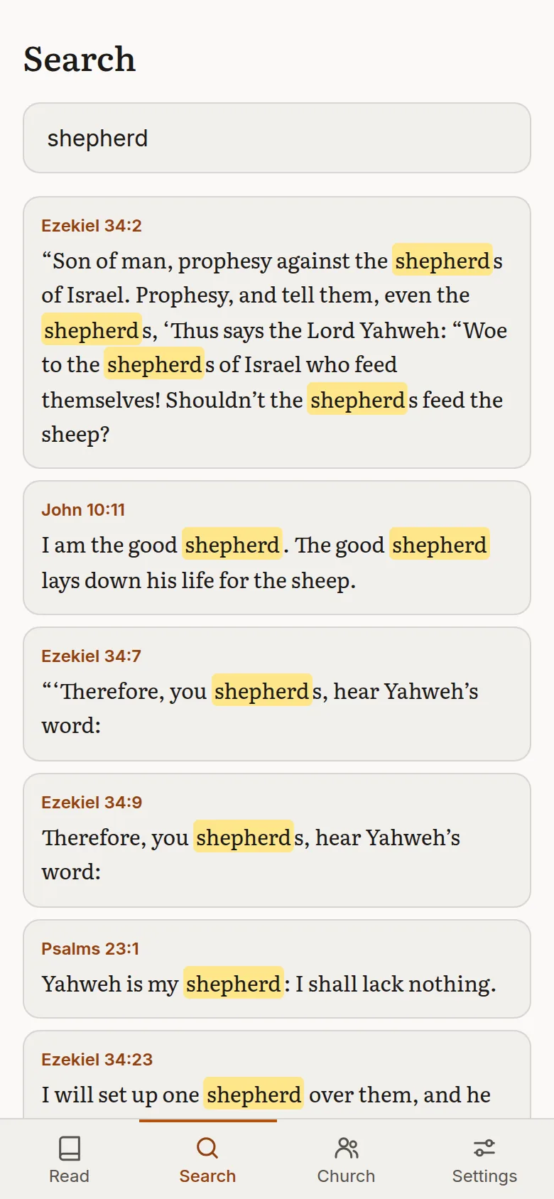 Search results for shepherd, including Ezekiel 34, John 10:11 and Psalm 23:1, with the word highlighted