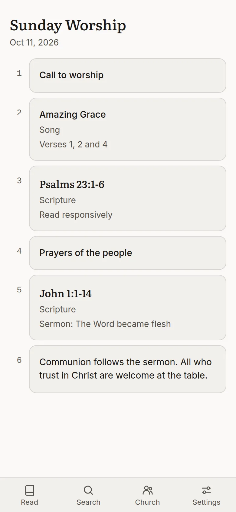 A Sunday Worship order of service with call to worship, Amazing Grace, Psalm 23, prayers and John 1:1 to 14