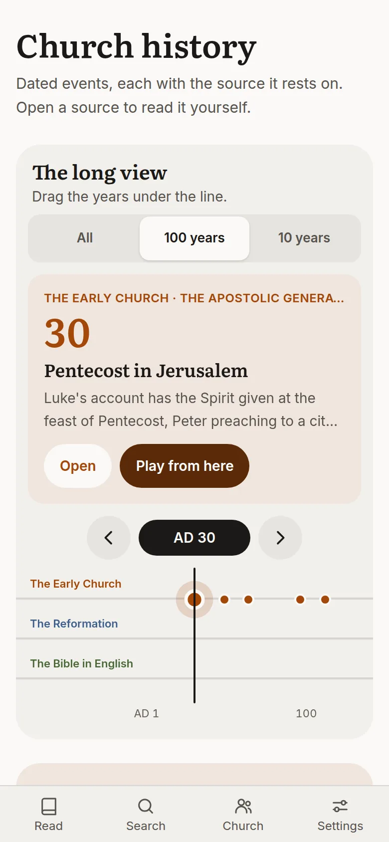 The church history long view at AD 30, Pentecost in Jerusalem, with the Early Church, Reformation and Bible in English lanes